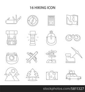 Hiking Line Icons Set. Hiking line black white icons set with compass map and car flat isolated vector illustration