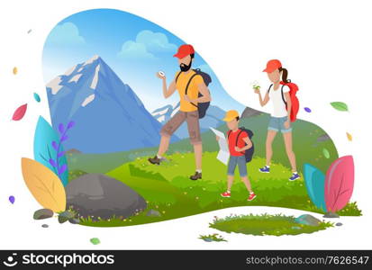 Hiking man and woman with son, hikers or backpackers vector. Outdoor activity, mountain or rock, family walking with backpacks, wild nature and sport. Mountain tourism. Flat cartoon. Family Hiking, Mountain Tourism, Outdoor Activity