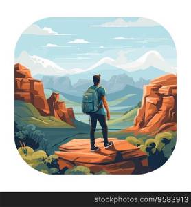 Hiking man with backpack on the top of mountain. Vector illustration.