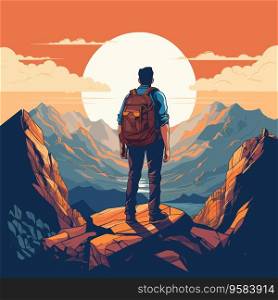 Hiking man with backpack on the top of mountain. Vector illustration.
