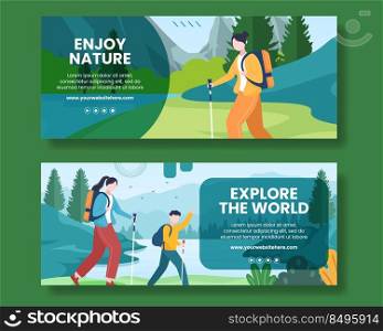 Hiking Mountain Horizontal Banner Template Flat Cartoon Background Vector Illustration