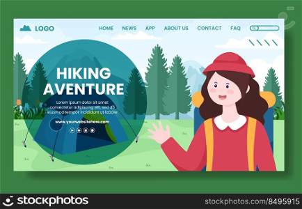 Hiking Mountain Social Media Landing Page Template Flat Cartoon Background Vector Illustration