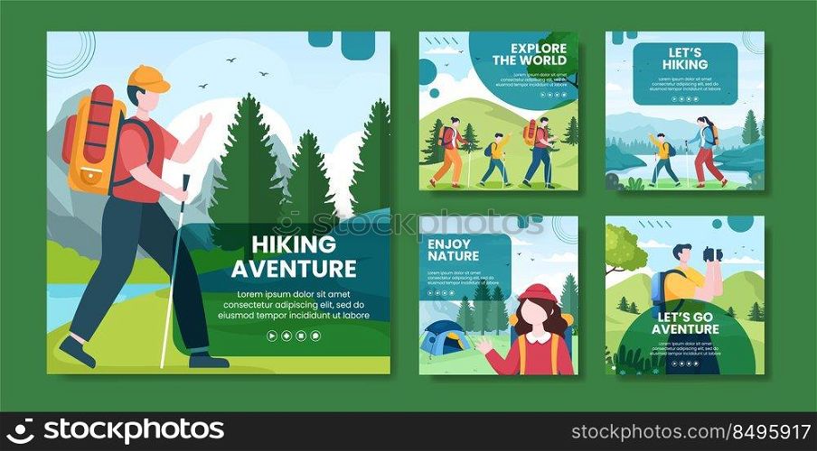 Hiking Mountain Social Media Post Template Flat Cartoon Background Vector Illustration