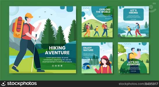 Hiking Mountain Social Media Post Template Flat Cartoon Background Vector Illustration