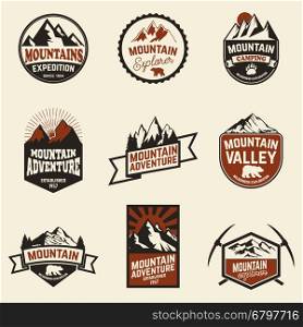 Hiking, mountains exploration labels and emblems. Vector illustration.