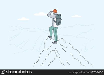 Hiking on mountains, backpacker, traveling concept. Young traveler hiker cartoon character standing backwards on peak of mountains enjoying great landscape view alone vector illustration . Hiking on mountains, backpacker, traveling concept