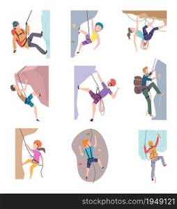 Hiking people. Extreme lifestyle mountain climbing characters kids and adults vector pictures. Illustration climbing bouldering and outdoor journey. Hiking people. Extreme lifestyle mountain climbing characters kids and adults vector pictures