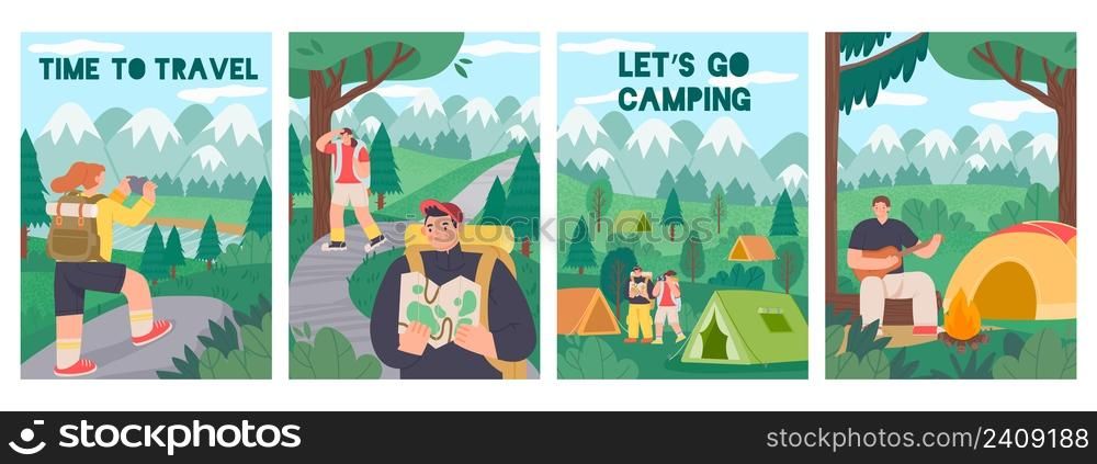 Hiking people poster. Cartoon tourism and active adventure banners with characters on camping. Vector banner. Couple reading man and searching way, looking in binoculars, playing guitar in campsite. Hiking people poster. Cartoon tourism and active adventure banners with characters on camping. Vector banner