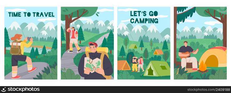 Hiking people poster. Cartoon tourism and active adventure banners with characters on camping. Vector banner. Couple reading man and searching way, looking in binoculars, playing guitar in campsite. Hiking people poster. Cartoon tourism and active adventure banners with characters on camping. Vector banner