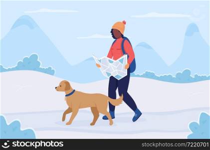 Hiking route in winter flat color vector illustration. Girl on active recreation with animal. Man with map walking with dog 2D cartoon characters with wintertime mountain hill on background. Hiking route in winter flat color vector illustration