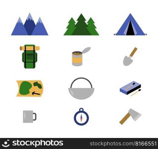 Hiking set, vector. Mountains and forest, tent and backpack, mug and bowler hat, canned food, shovel and axe, map and compass, matches.