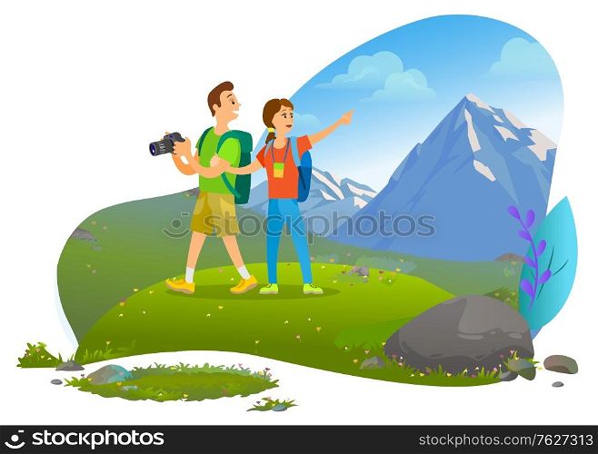Hiking sport, hikers couple with backpacks and photo camera vector. Backpacking or camping, mountains wild nature, active pastime and outdoor activity. Mountain tourism. Flat cartoon. Hikers Couple with Backpacks and Photo Camera