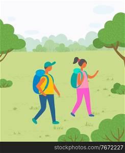 Hiking sport, hikers couple with backpacks on nature vector. Backpacking or c&ing in park, romantic weekend or active pastime, outdoor activity. Hikers Couple with Backpacks on Nature among Trees