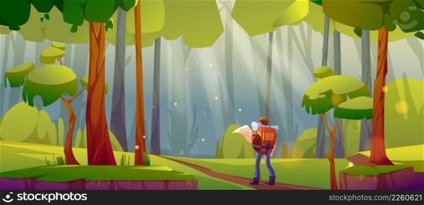 Hiking sport, orienteering, travel journey, adventure concept. Traveler with backpack in deep forest, tourist stand at beautiful wood landscape look in map check the route Cartoon vector illustration. Hiking, orienteering, travel journey, adventure