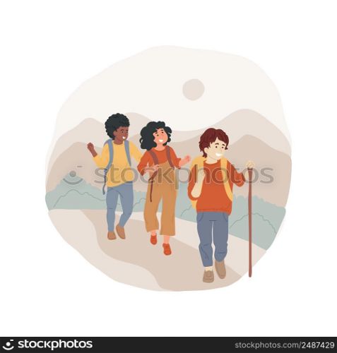 Hiking summer camp isolated cartoon vector illustration. Child hiking in the mountains, backpacking adventure, wild camping, nature exposure, outdoor activity, summer camp vector cartoon.. Hiking summer camp isolated cartoon vector illustration.