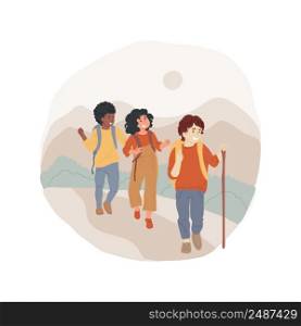 Hiking summer camp isolated cartoon vector illustration. Child hiking in the mountains, backpacking adventure, wild camping, nature exposure, outdoor activity, summer camp vector cartoon.. Hiking summer camp isolated cartoon vector illustration.