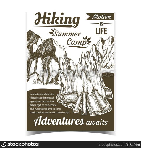 Hiking Summer Camp Sport Adventures Poster Vector. Burning Firewood And Rocky Cliffs On Hiking Advertising Creative Banner. Warming Camping Campsite Light Hand Drawn Monochrome Illustration. Hiking Summer Camp Sport Adventures Poster Vector