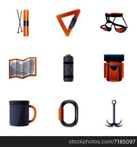 Hiking tools icon set. Cartoon set of 9 hiking tools vector icons for web design isolated on white background. Hiking tools icon set, cartoon style