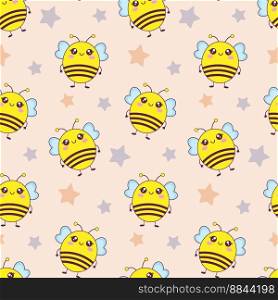  hildish pattern with cute kawaii little bee and stars, kids print. Cartoon seamless background, cute vector texture for kids bedding, fabric, wallpaper, wrapping paper, textile, t-shirt print