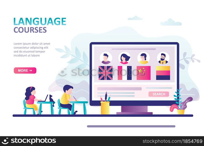 ?hildren sit at desks and studying of foreign language. Concept of online education, courses and knowledge. Teacher questionnaires on computer screen. Landing page template. Flat vector illustration. ?hildren sit at desks and studying of foreign language. Concept of online education, courses and knowledge. Teacher questionnaires on computer screen