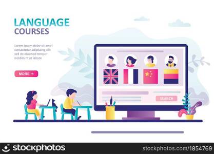 ?hildren sit at desks and studying of foreign language. Concept of online education, courses and knowledge. Teacher questionnaires on computer screen. Landing page template. Flat vector illustration. ?hildren sit at desks and studying of foreign language. Concept of online education, courses and knowledge. Teacher questionnaires on computer screen