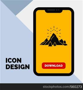 hill, landscape, nature, mountain, fireworks Glyph Icon in Mobile for Download Page. Yellow Background. Vector EPS10 Abstract Template background