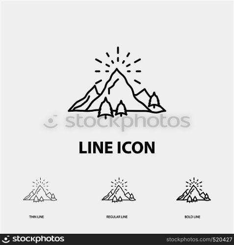 hill, landscape, nature, mountain, fireworks Icon in Thin, Regular and Bold Line Style. Vector illustration. Vector EPS10 Abstract Template background