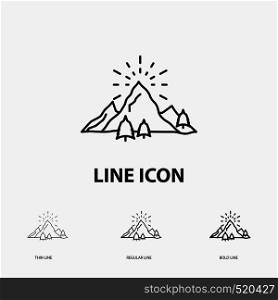 hill, landscape, nature, mountain, fireworks Icon in Thin, Regular and Bold Line Style. Vector illustration. Vector EPS10 Abstract Template background