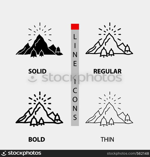 hill, landscape, nature, mountain, fireworks Icon in Thin, Regular, Bold Line and Glyph Style. Vector illustration. Vector EPS10 Abstract Template background