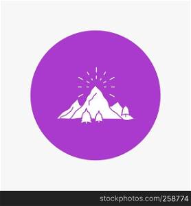 hill, landscape, nature, mountain, fireworks White Glyph Icon in Circle. Vector Button illustration