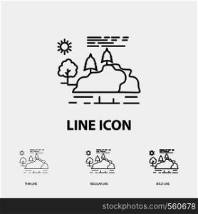 hill, landscape, nature, mountain, rain Icon in Thin, Regular and Bold Line Style. Vector illustration. Vector EPS10 Abstract Template background