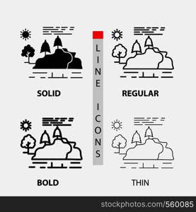 hill, landscape, nature, mountain, rain Icon in Thin, Regular, Bold Line and Glyph Style. Vector illustration. Vector EPS10 Abstract Template background