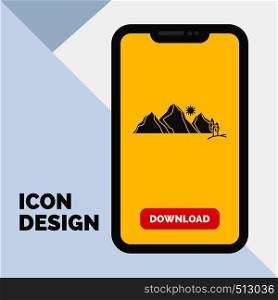 hill, landscape, nature, mountain, scene Glyph Icon in Mobile for Download Page. Yellow Background. Vector EPS10 Abstract Template background