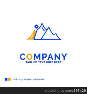 hill, landscape, nature, mountain, sun Blue Yellow Business Logo template. Creative Design Template Place for Tagline.