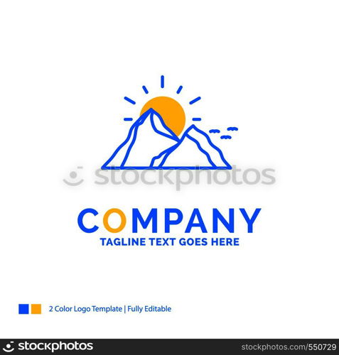 hill, landscape, nature, mountain, sun Blue Yellow Business Logo template. Creative Design Template Place for Tagline.