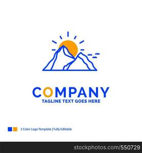 hill, landscape, nature, mountain, sun Blue Yellow Business Logo template. Creative Design Template Place for Tagline.