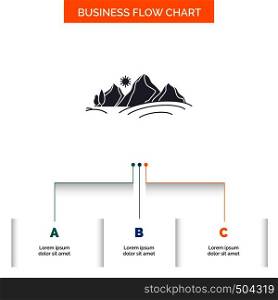 hill, landscape, nature, mountain, sun Business Flow Chart Design with 3 Steps. Glyph Icon For Presentation Background Template Place for text.. Vector EPS10 Abstract Template background