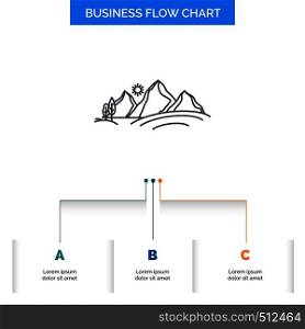 hill, landscape, nature, mountain, sun Business Flow Chart Design with 3 Steps. Line Icon For Presentation Background Template Place for text. Vector EPS10 Abstract Template background