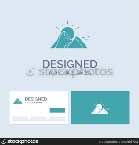 hill, landscape, nature, mountain, sun Business Logo Glyph Icon Symbol for your business. Turquoise Business Cards with Brand logo template.