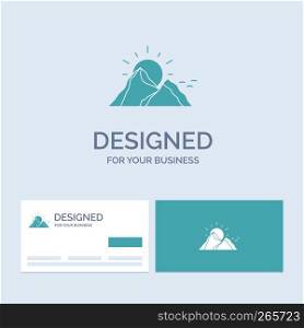 hill, landscape, nature, mountain, sun Business Logo Glyph Icon Symbol for your business. Turquoise Business Cards with Brand logo template.
