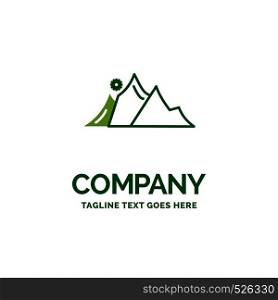 hill, landscape, nature, mountain, sun Flat Business Logo template. Creative Green Brand Name Design.