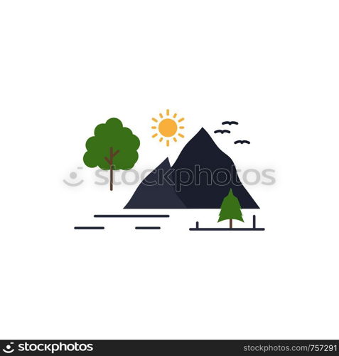 hill, landscape, nature, mountain, sun Flat Color Icon Vector