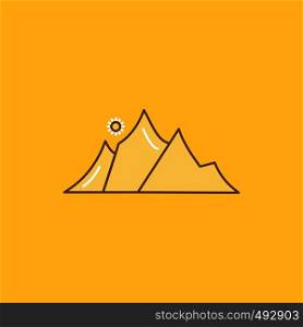 hill, landscape, nature, mountain, sun Flat Line Filled Icon. Beautiful Logo button over yellow background for UI and UX, website or mobile application. Vector EPS10 Abstract Template background