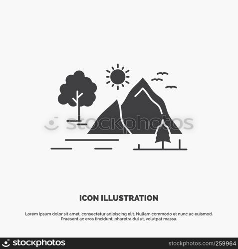 hill, landscape, nature, mountain, sun Icon. glyph vector gray symbol for UI and UX, website or mobile application