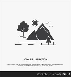 hill, landscape, nature, mountain, sun Icon. glyph vector gray symbol for UI and UX, website or mobile application