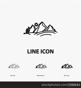 hill, landscape, nature, mountain, sun Icon in Thin, Regular and Bold Line Style. Vector illustration