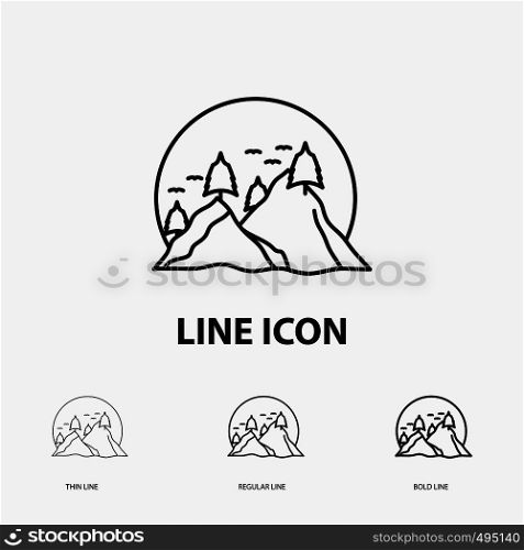 hill, landscape, nature, mountain, sun Icon in Thin, Regular and Bold Line Style. Vector illustration. Vector EPS10 Abstract Template background