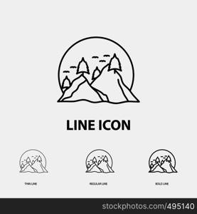 hill, landscape, nature, mountain, sun Icon in Thin, Regular and Bold Line Style. Vector illustration. Vector EPS10 Abstract Template background