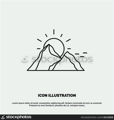 hill, landscape, nature, mountain, sun Icon. Line vector gray symbol for UI and UX, website or mobile application. Vector EPS10 Abstract Template background