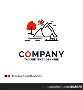 hill, landscape, nature, mountain, sun Logo Design. Blue and Orange Brand Name Design. Place for Tagline. Business Logo template.